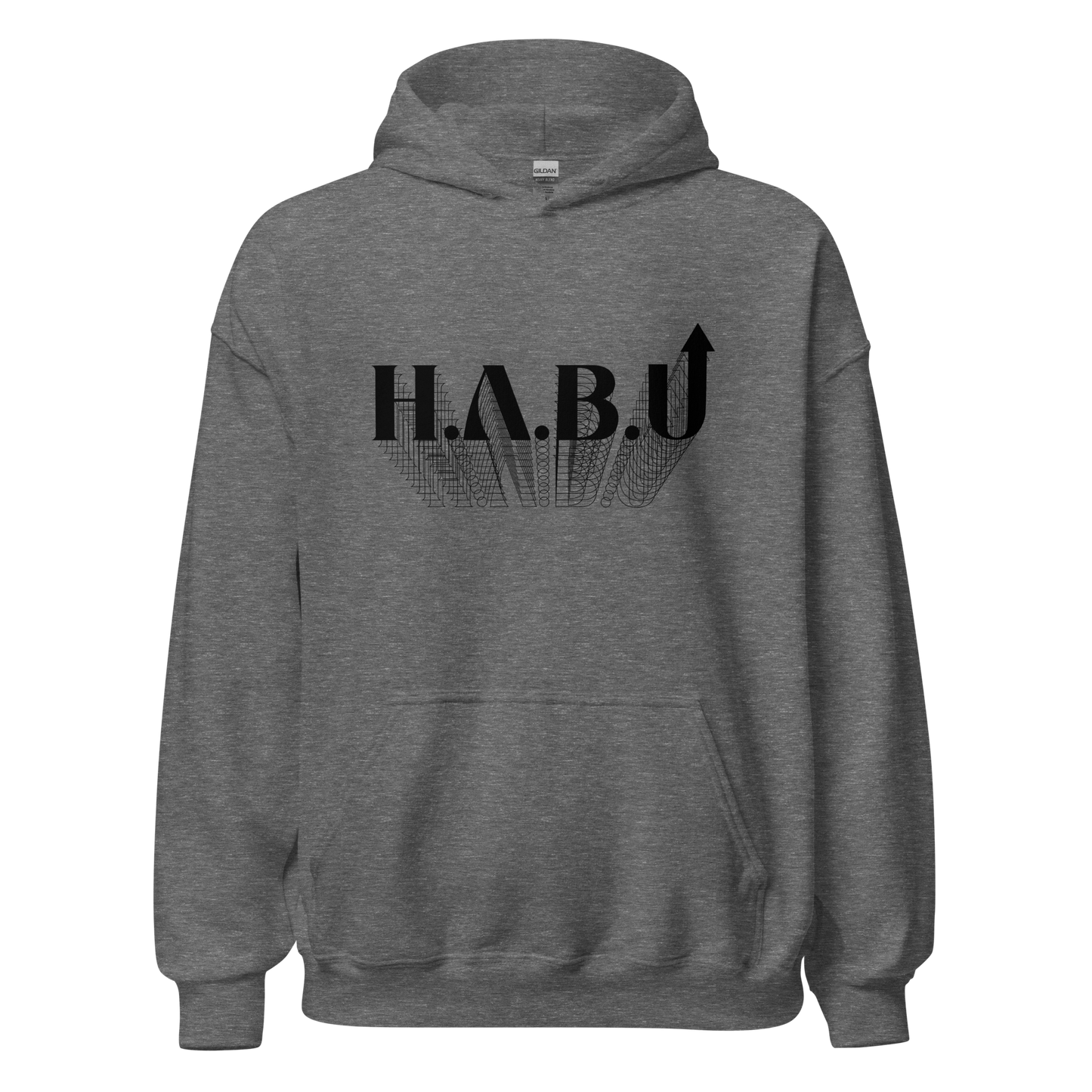 HABU Core Hoodie Return graphite heather hoodie with black HABU mark front view