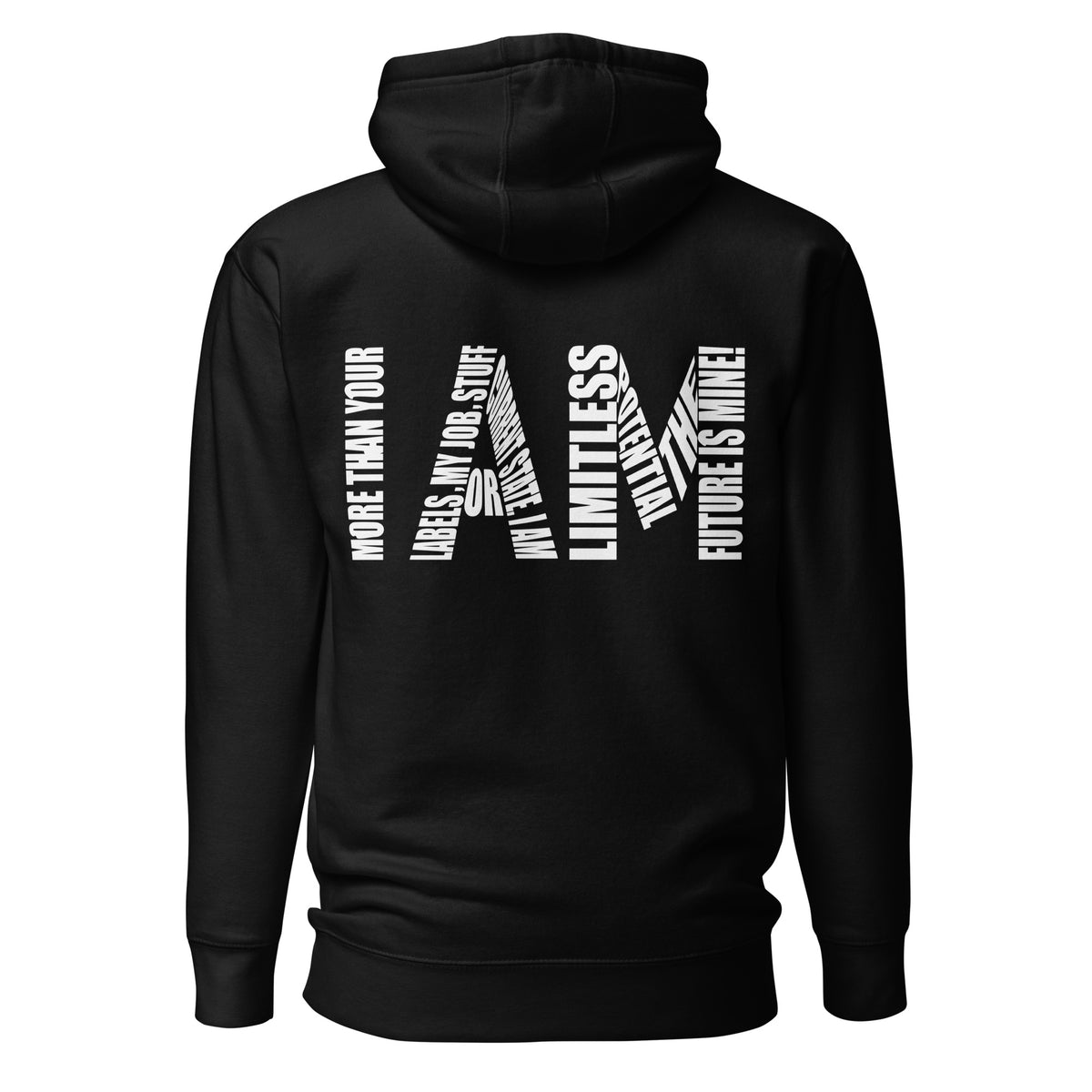 HABU I AM Hoodie in black, back view, I AM printed across the back