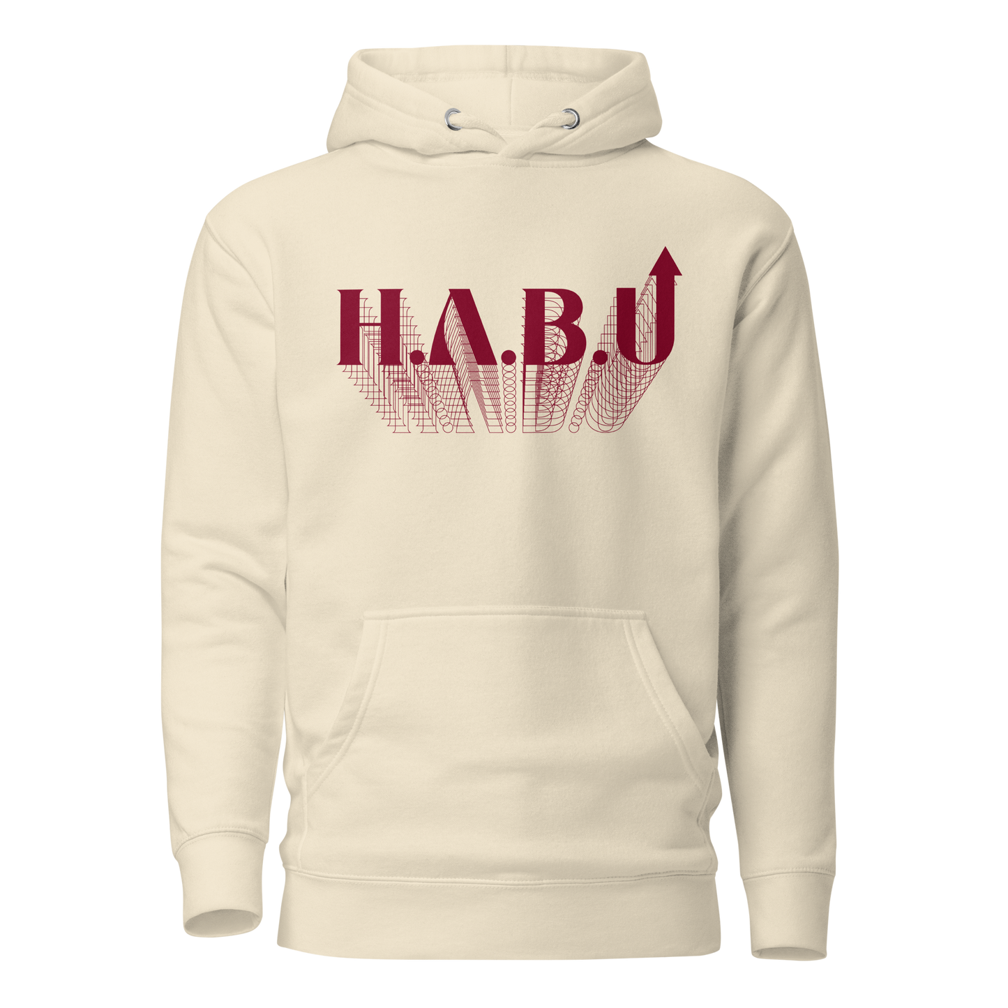 HABU Crimson Hoodie sand hoodie with burgundy embroidered HABU mark front view