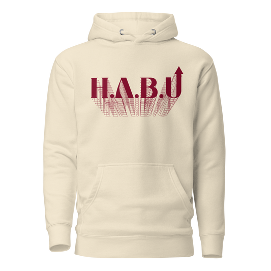 HABU Crimson Hoodie sand hoodie with burgundy embroidered HABU mark front view