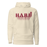 HABU Crimson Hoodie sand hoodie with burgundy embroidered HABU mark front view