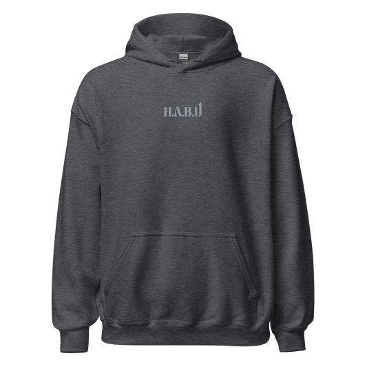 HABU Core Hoodie Anchor graphite heather hoodie with tonal HABU mark front view