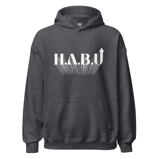 HABU Core Hoodie Frequency heather gray hoodie with white HABU mark front view