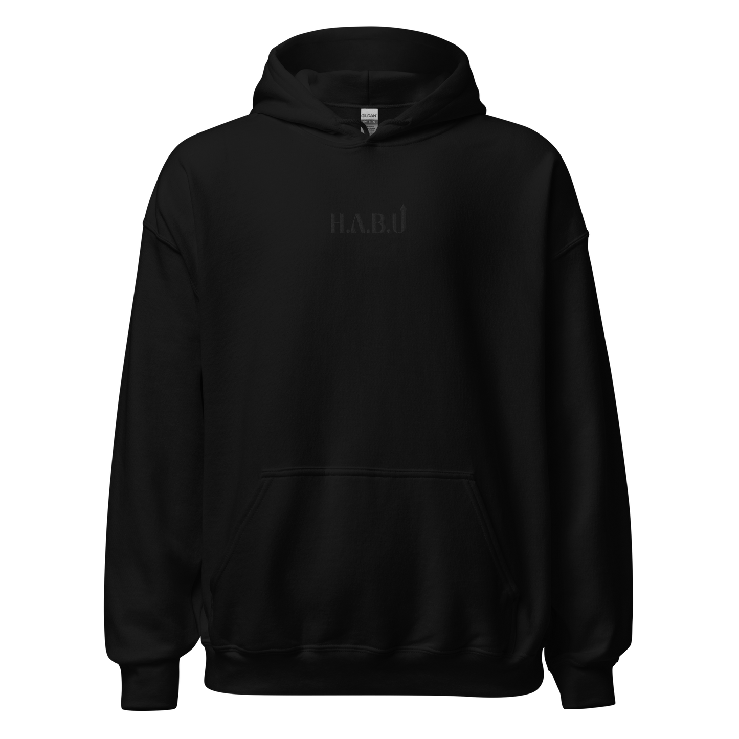 HABU Core Hoodie Quiet black hoodie with tonal HABU mark front view