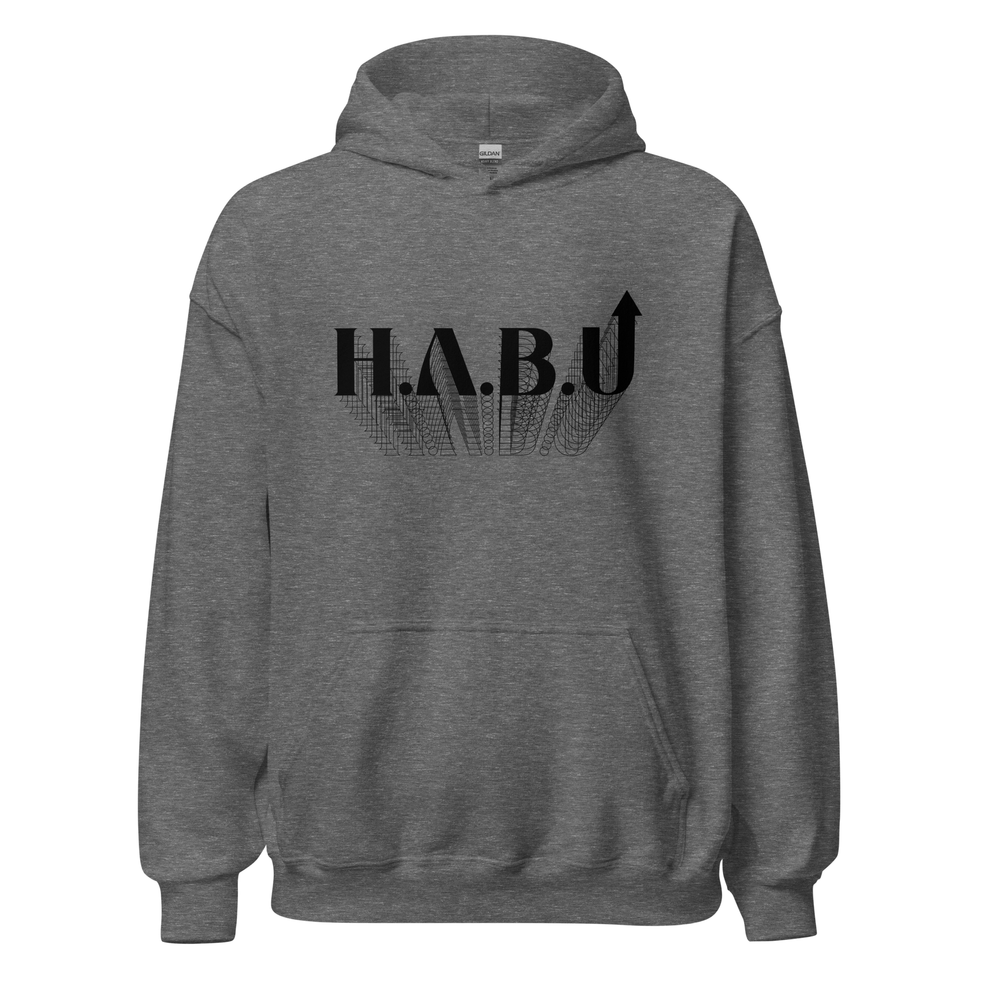 HABU Core Hoodie Return graphite heather hoodie with black HABU mark front view