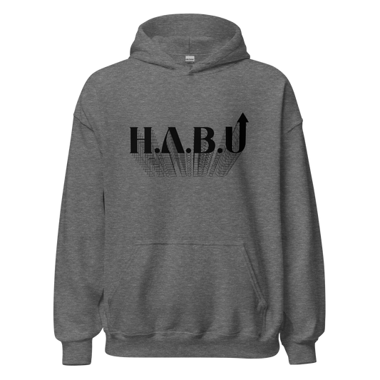 HABU Core Hoodie Return graphite heather hoodie with black HABU mark front view