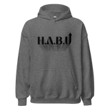 HABU Core Hoodie Return graphite heather hoodie with black HABU mark front view
