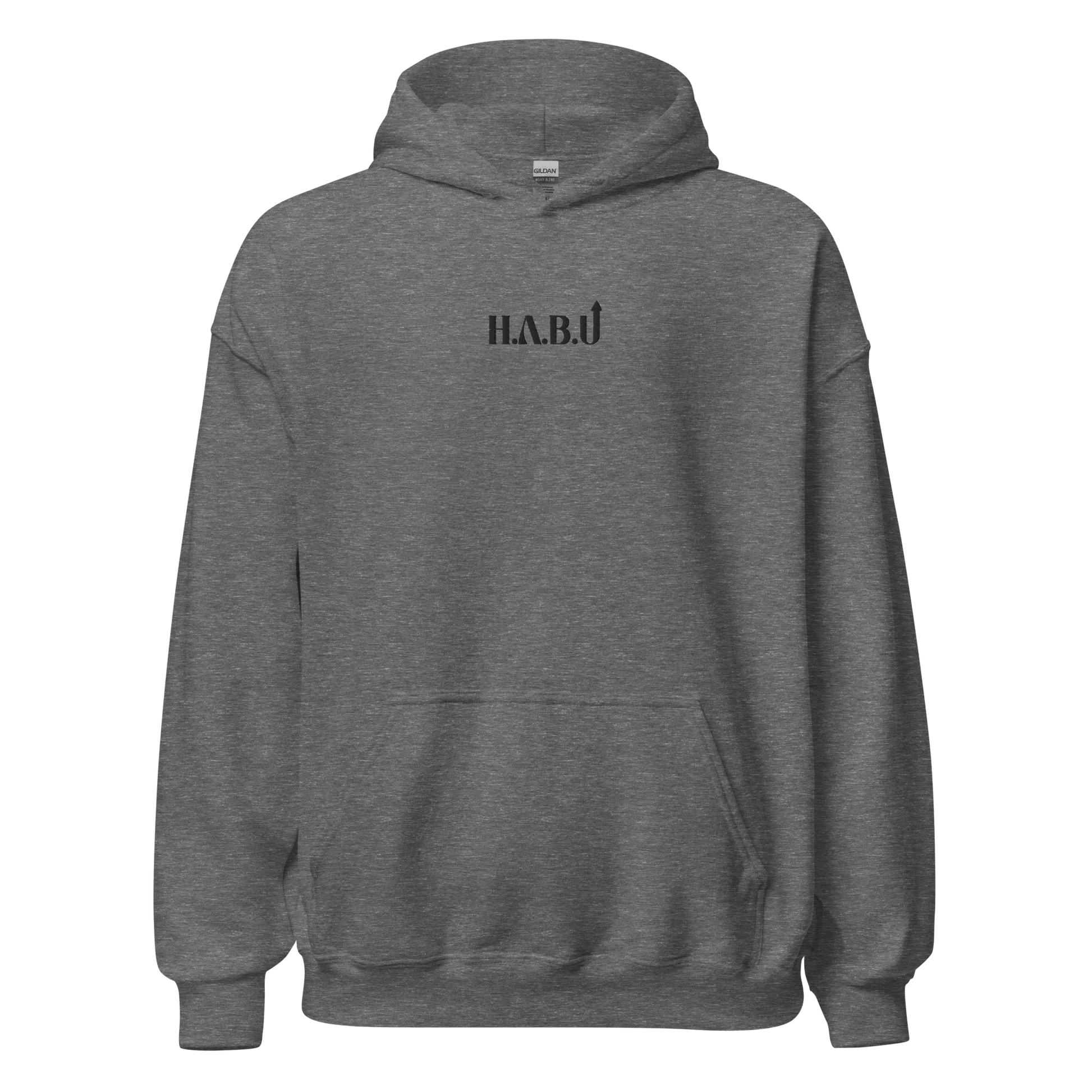 HABU Core Hoodie Shadow heather hoodie with black HABU mark front view