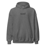 HABU Core Hoodie Shadow heather hoodie with black HABU mark front view