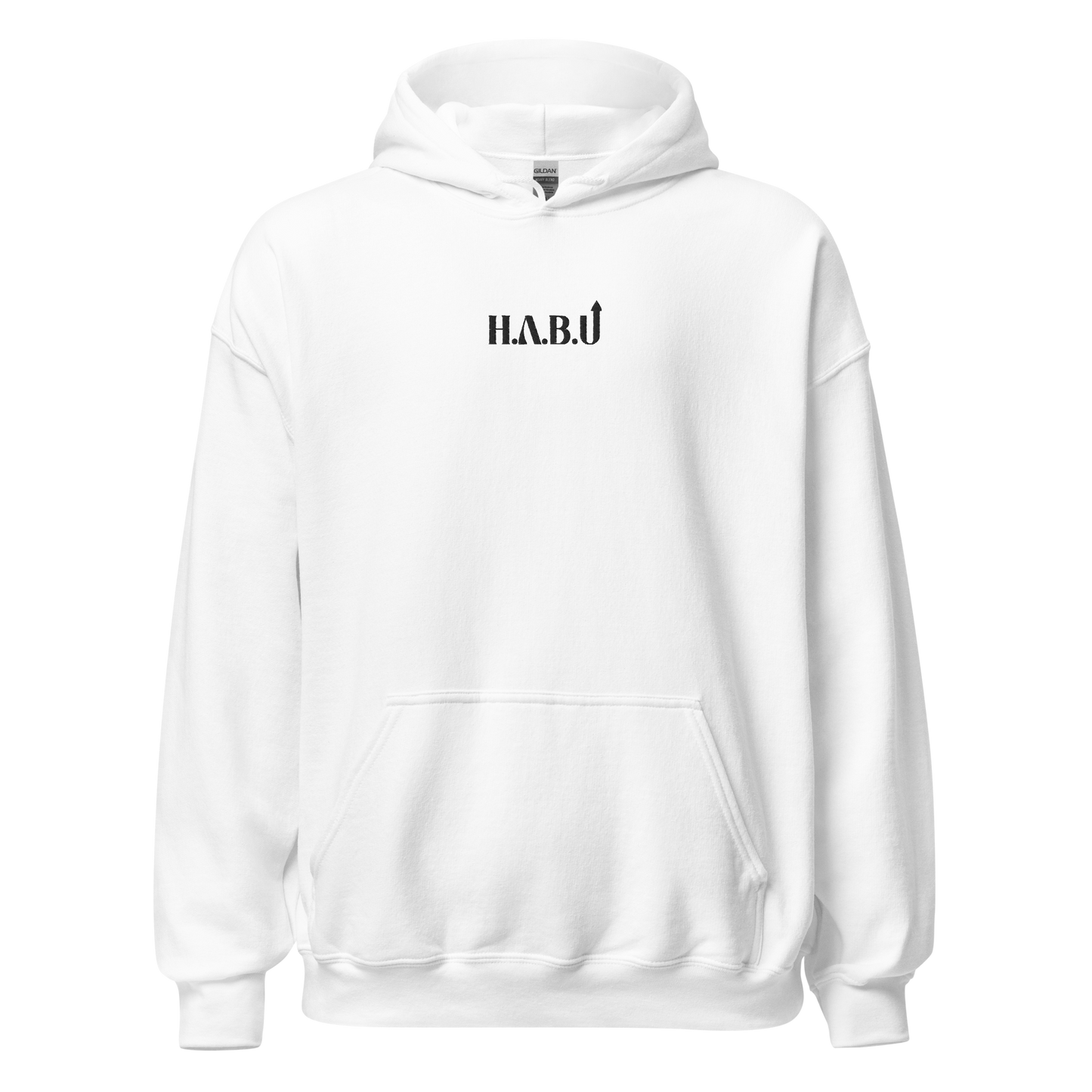 HABU Core Hoodie Signal white hoodie with black HABU mark front view
