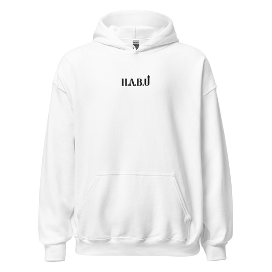 HABU Core Hoodie Signal white hoodie with black HABU mark front view