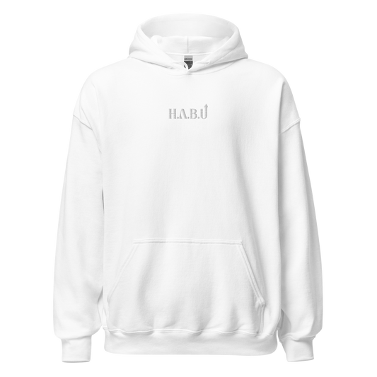 HABU Core Hoodie Stillness white hoodie with tonal HABU mark front view