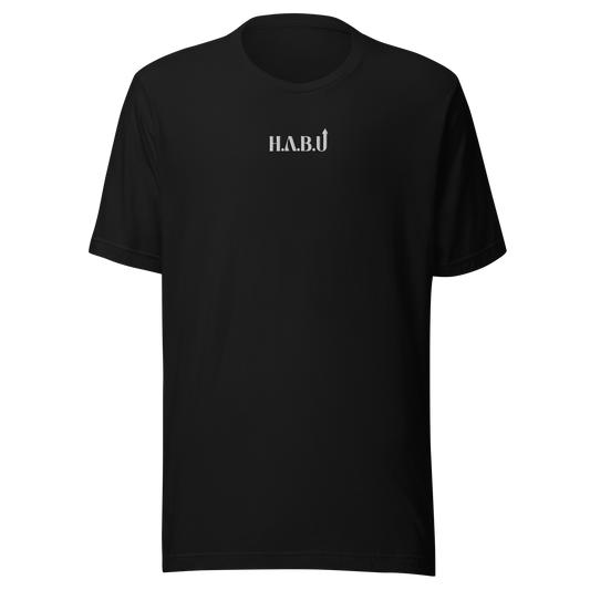HABU Core Tee Inverse black tee with white stitched HABU mark front view