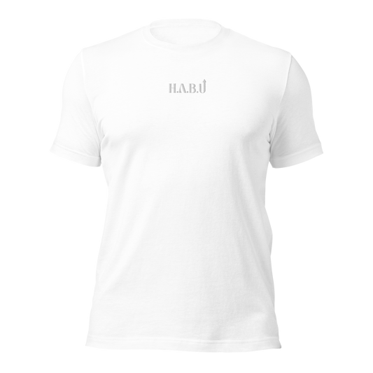 HABU Core Tee Silent Flex white tee with tonal HABU mark front view