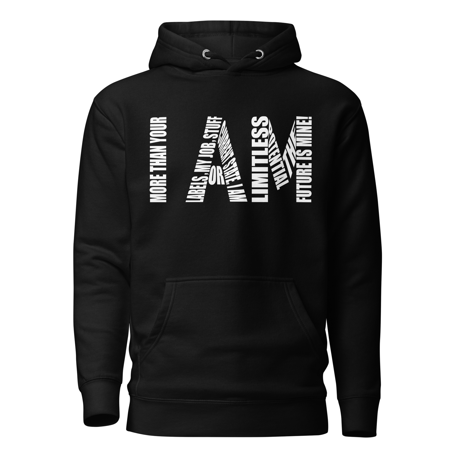 HABU I AM Hoodie black statement hoodie with white I AM front design