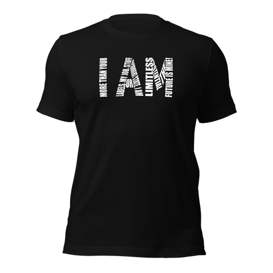 HABU I AM Inverse Tee black statement tee with white I AM front design