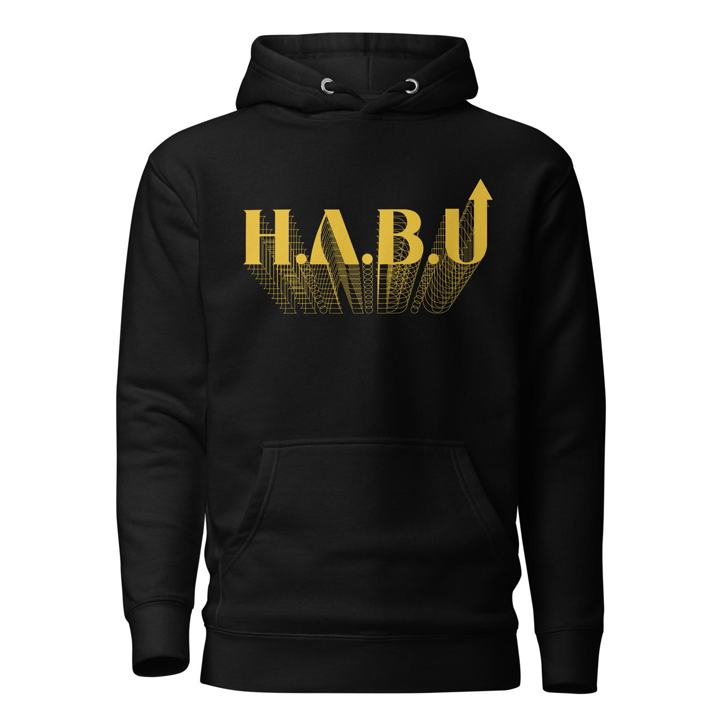 HABU Sol Hoodie black hoodie with gold HABU mark front view