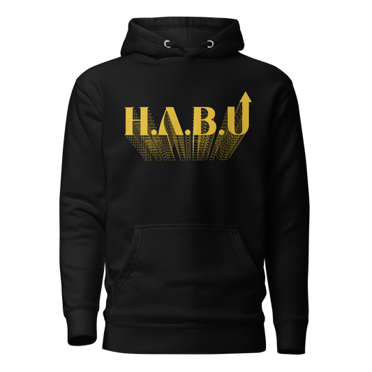 HABU Sol Hoodie black hoodie with gold HABU mark front view