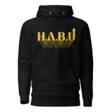 HABU Sol Hoodie black hoodie with gold HABU mark front view