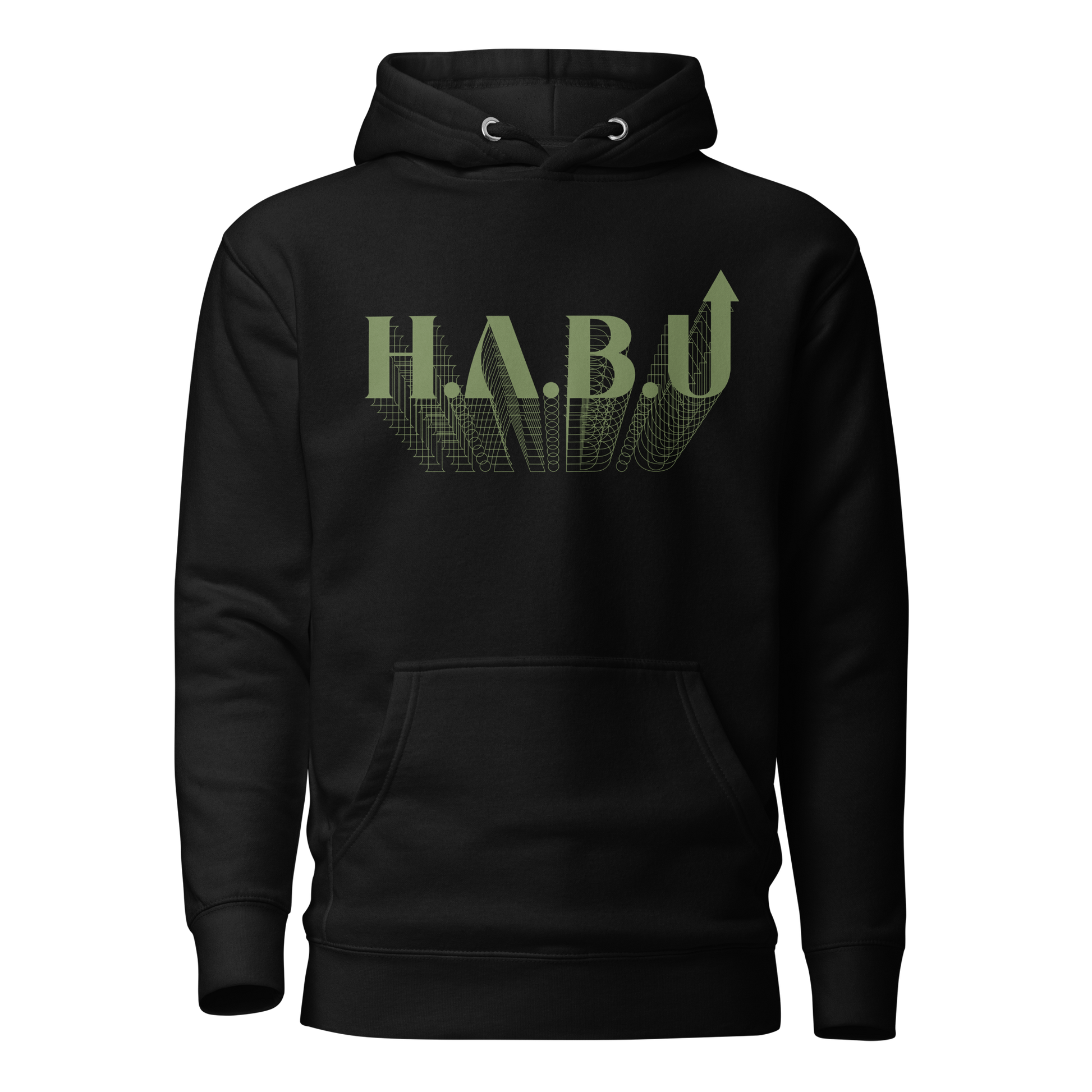 HABU Spectrum Hoodie Forest black hoodie with olive HABU mark front view