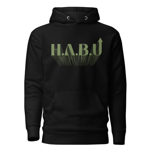 HABU Spectrum Hoodie Forest black hoodie with olive HABU mark front view