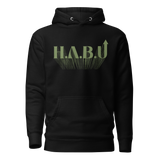HABU Spectrum Hoodie Forest black hoodie with olive HABU mark front view