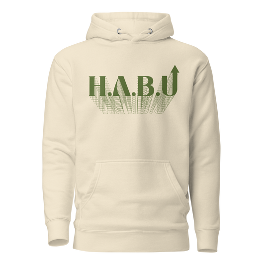 HABU Spectrum Hoodie Grove sand hoodie with olive HABU mark front view