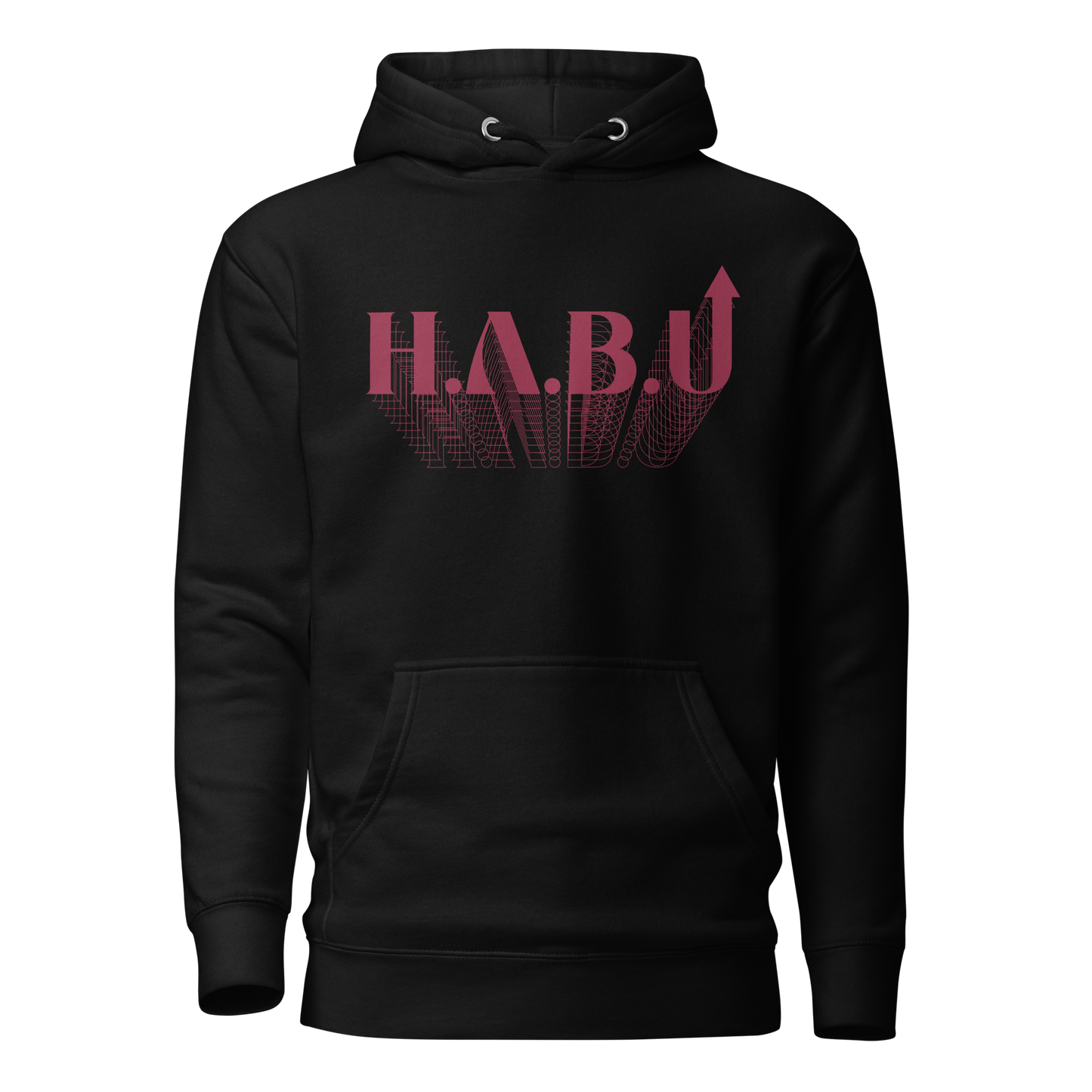HABU Spectrum Hoodie Noir black hoodie with burgundy HABU mark front view
