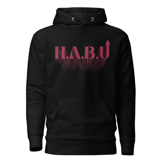 HABU Spectrum Hoodie Noir black hoodie with burgundy HABU mark front view