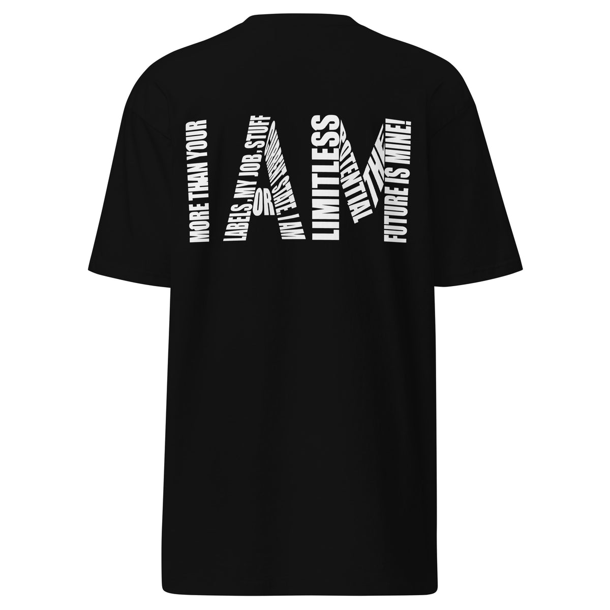 HABU Signal I AM Inverse heavyweight black tee, back view, I AM printed across the back