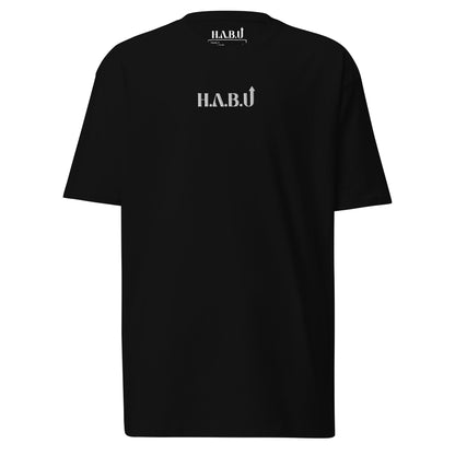 HABU Signal I AM Inverse heavyweight black tee, front view, embroidered white HABU mark
