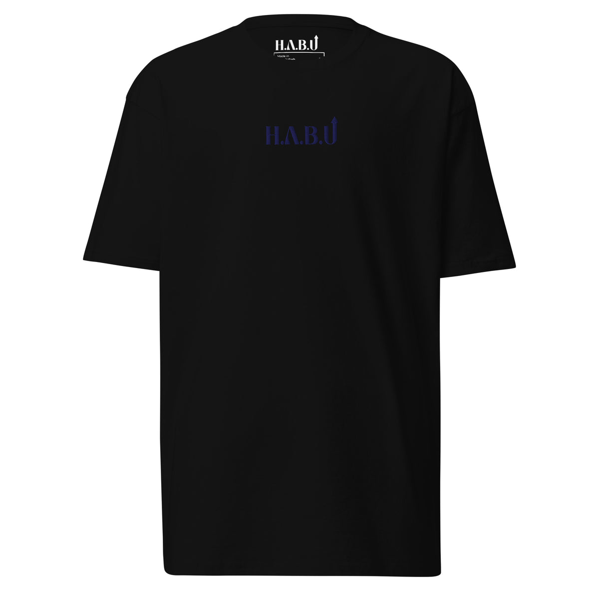 HABU I AM Guardian Tee in heather charcoal grey, front view, tonal embroidered HABU mark