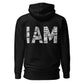 HABU I AM Hoodie in black, back view, I AM printed across the back
