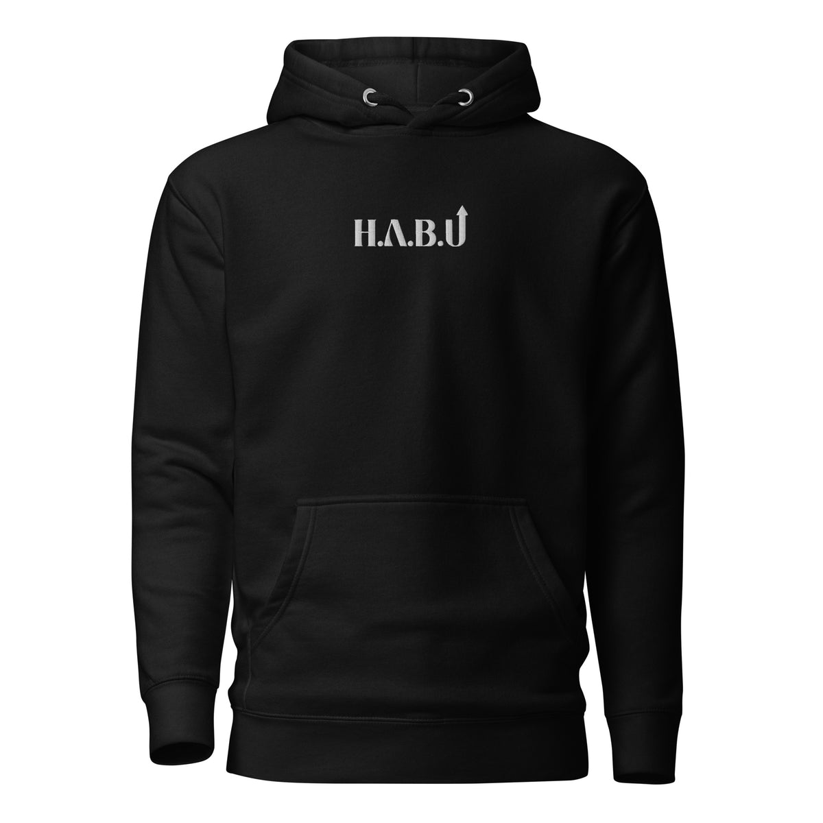 HABU I AM Hoodie in black, front view, embroidered white HABU mark