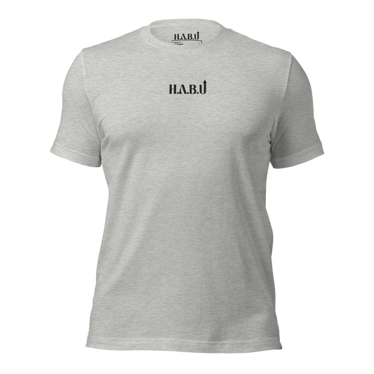 HABU Core Tee in dark heather gray, front view, white HABU mark on the chest